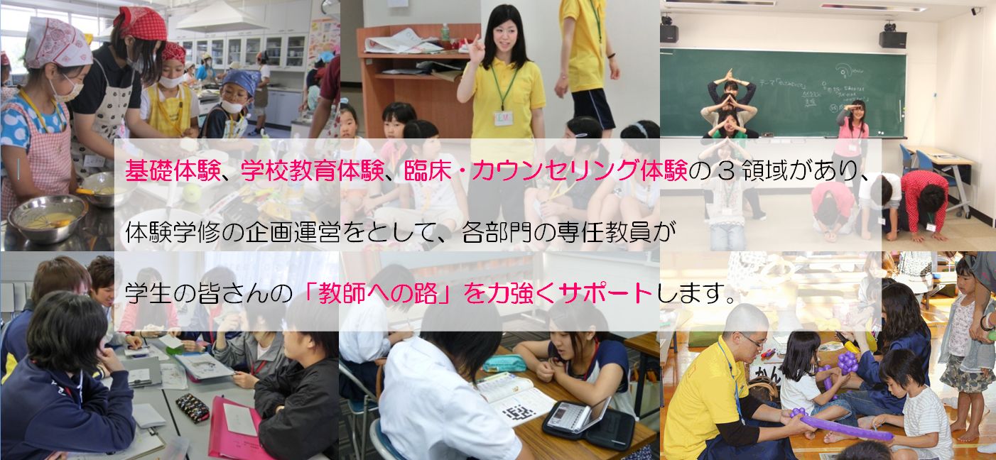 基礎体験活動、教育実践・実習支援、臨床教育相談支援の３部門があり、体験学修の企画運営を通して各部門の専任教員が、学生の皆さんの「教師への路」を力強くサポートします。